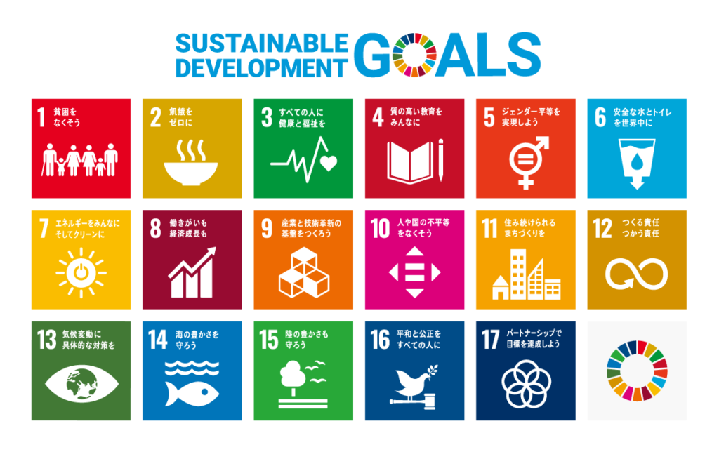 SDGs（持続可能な開発目標）のロゴと17の目標を示すアイコン